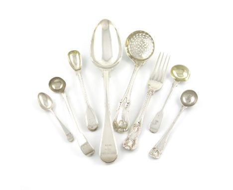 A small collection of George IV / Victorian silver flatware, by William and Mary Chawner, comprising: a snuff/miniature spoon
