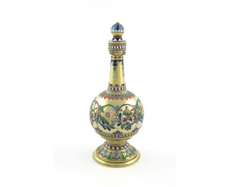 A late-19th century Russian silver-gilt and enamel scent flask, by Pavel Ovchinnikov, Moscow 1876, assay master V. Savinsky, 