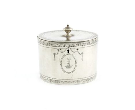 A George III silver tea caddy, by John Denziloe, London 1781, oval form, flush-hinged cover with a knop finial, engraved brig
