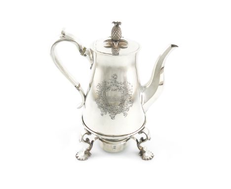 λA William IV silver coffee pot on stand, by The Barnards, London 1833, tapering circular form, scroll handle with ivory insu