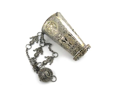 A late 17th century Ottoman provincial / Serbian silver hanging liturgical lamp, unmarked, tapering circular form, pierced en