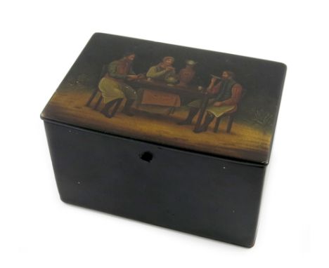 A 19th century Russian lacquered tea caddy, rectangular form, the hinged cover with a scene of two men and a woman sitting ar