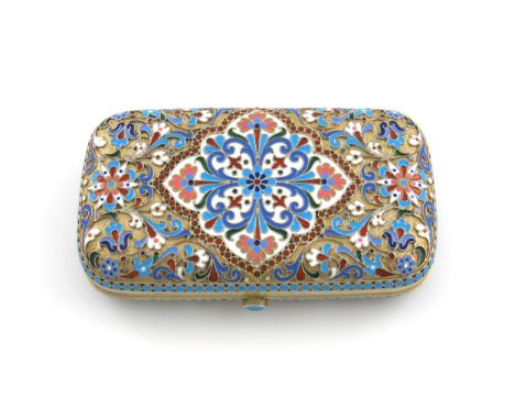 A Russian silver-gilt and enamel cigarette case, 1896-1908, rounded rectangular form, with vari-coloured enamel decoration on