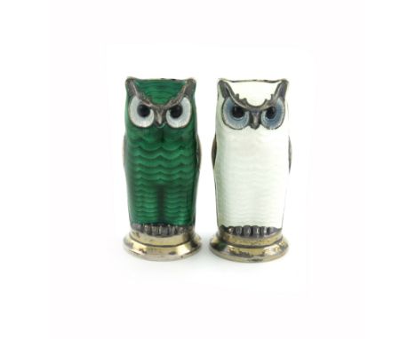 A pair of Norwegian silver-gilt and enamel novelty owl pepper pots, by David Andersen, modelled in standing positions, one wi