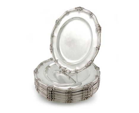 A set of twelve George IV regimental silver plates, by Robert Garrard, London 1828/29,  retailed by Garrards, Panton Street, 