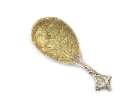 A Victorian cast silver caddy spoon, by George Adams, London 1848, gilded oval foliate bowl, stylised handle, initialled, len