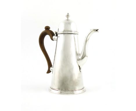 A modern silver coffee pot, by Walter Wilson Limited, London 1966, tapering circular form, domed hinged cover with a knop fin