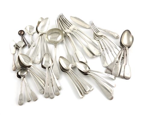 A collection of silver flatware, various dates and makers, comprising: a part canteen of Fiddle pattern flatware: six table f