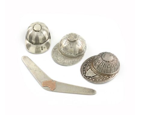 A small collection of three silver jockey cap caddy spoons, comprising: an Australian one by Davis and Son, Adelaide, a Victo