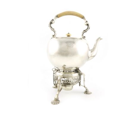 λA Victorian silver kettle on stand, by Richard Sibley II, London 1872, retailed by Thomas, New Bond Street, plain bullet for