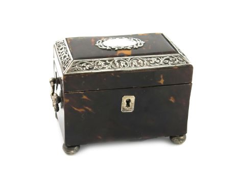 λA late-Victorian silver-mounted tortoiseshell tea caddy, by Saunders and Shepherd, Chester 1895, rectangular form, the hinge
