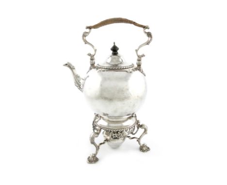 A George II silver kettle on stand, by David Hennell, London 1755, globular form, the hinged cover with gadroon border and wo