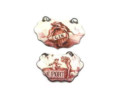 A pair of George III enamel wine labels, circa 1780, escutcheon form, decorated with cherubs on a barrel and cherubs treading