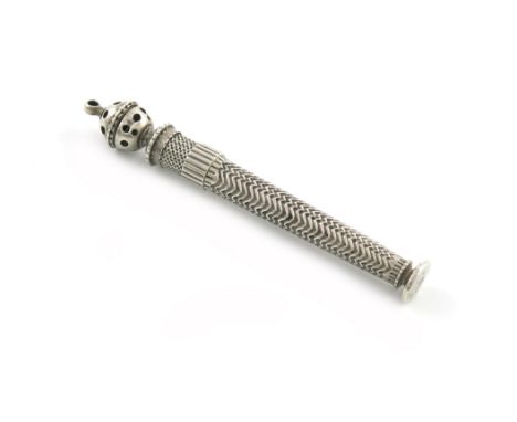 An early 18th century silver toothpick/needle case with a pomander, unmarked, possibly German, tapering circular form, engine
