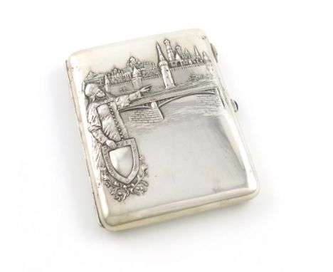 A Russian silver cigarette case, Moscow 1908-1926, rectangular form, the front embossed with a view of Moscow from the river,