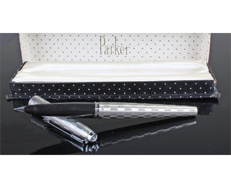 Parker fountain pen, in engine turned stainless steel, in the Parker box