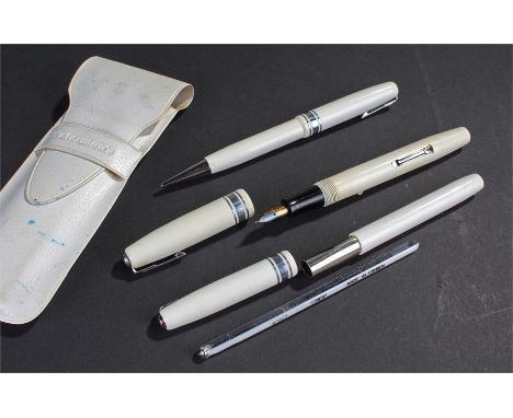 Rare Watermans nurses pen set, in white, to include a fountain pen, a pencil and a Watermans cased thermometer, all housed wi