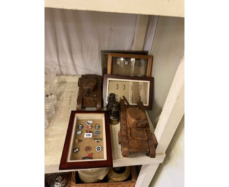Vintage enamel pin badges, opera glasses, wooden tanks, etc.