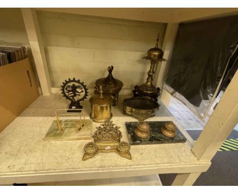Ornate brass inkwell, onyx letter desk stand, Hindu Goddess sculpture, Oriental brass bowl, etc.