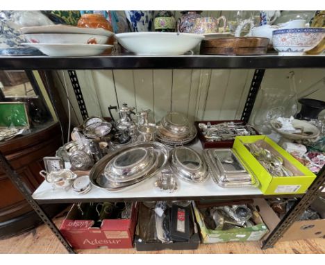 Good collection of silver plated wares including entree dishes, Walker & Hall biscuit jar, flatware, etc.