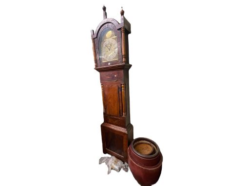 Antique mahogany eight day longcase clock having brass arched dial signed Harrison, Newcastle, 238cm.