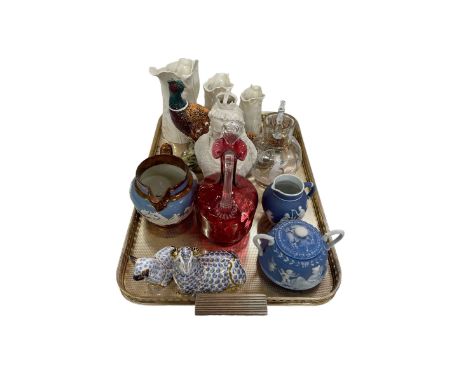 Tray lot with Parian 60 year Queen Victoria, Worcester jugs, Royal Crown Derby paperweights, Victorian glass, etc.