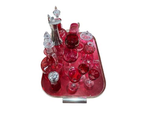Collection of ruby glass including silver topped caster.