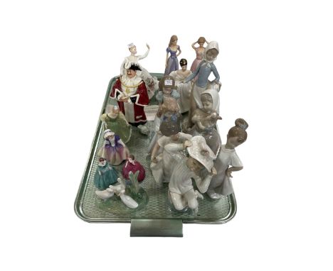 Figurines including Royal Doulton The Mayor, Doulton and Coalport ladies, one Lladro, Nao, etc.