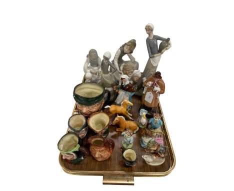 Four Lladro and three Nao figures, Royal Doulton character jugs and two figures, three Beswick Beatrix Potter figures, etc.