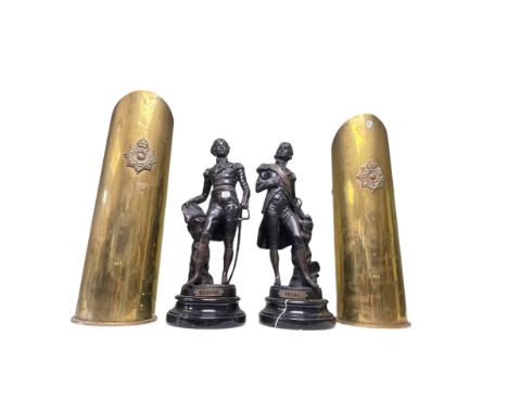 Two large shell cases with Royal Mariners Helmet plates, with handles for fireside use, 50cm high, together with pair of heav