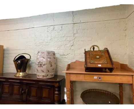 Oriental style floral decorated barrel stool, circular brass topped low table, Victorian coal box and brass coal helmet (4).