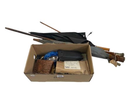Swagger stick, umbrellas and box of miscellaneous.