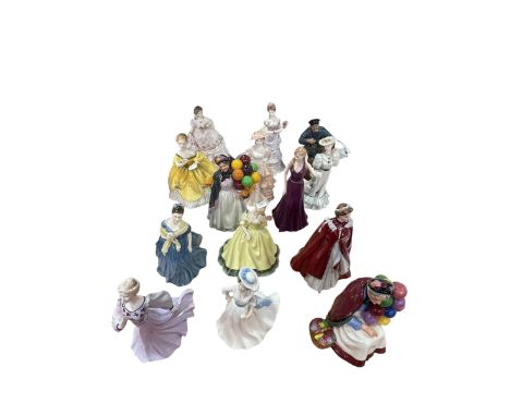 Collection of lady and other figurines including Royal Worcester, Royal Crown Derby, Royal Doulton Balloon Sellers, etc.