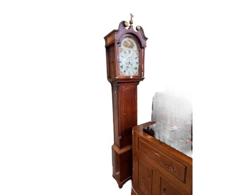 Antique oak eight day longcase clock having painted arched dial, A. Breakenrig, Edinburgh, 222cm.