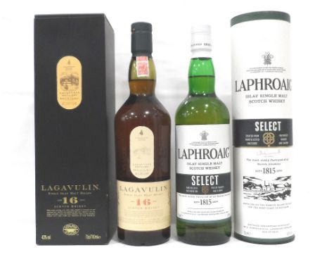 TWO ISLAY MALTSA brace of Single Malts from Islay.  One bottle of LAGAVULIN 16 YEAR OLD SINGLE MALT SCOTCH WHISKY.  70cl.  43