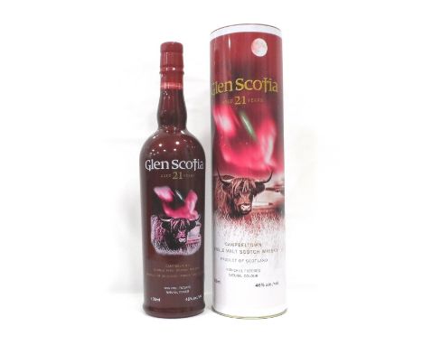 GLEN SCOTIA 21YOA fine example of the Glen Scotia 21 Year Old Single Malt Scotch Whisky in the distinctive Highland Coo packa
