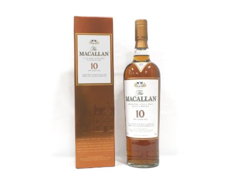 MACALLAN 10YO SHERRY OAKA bottle of the Macallan 10 Year Old Sherry Oak Single Malt Scotch Whisky.  700ml.  40% abv.  Level l