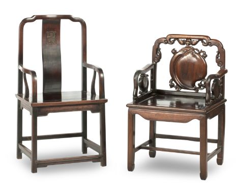 Two hongmu armchairs19th/20th centuryThe first with a stepped top-rail above a shaped back-splat with low relief-carved panel