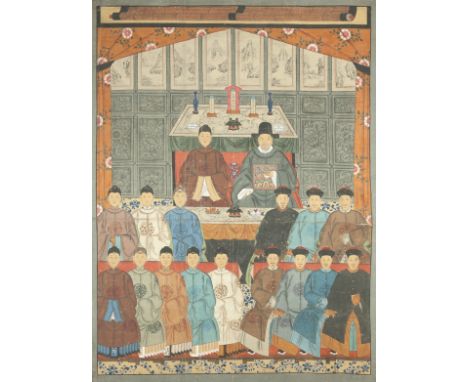 A large group ancestor portrait19th centuryDepicting an official and his wife seated before an altar table and screen, fiftee