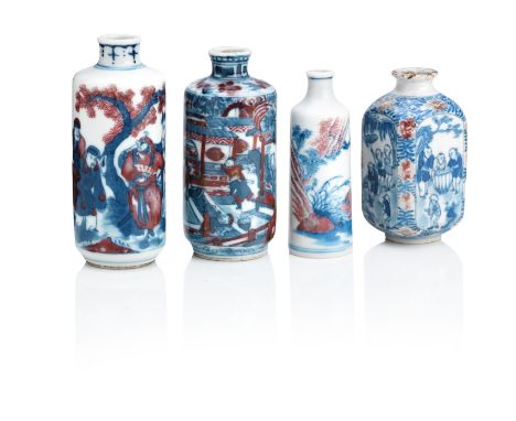 Four underglaze blue and copper-red snuff bottlesQing DynastyThe first of rounded square-section and painted to each side wit