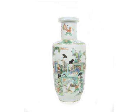 A famille verte rouleau vaseCirca 1900Decorated in the Kangxi style with boys on the neck, a diaper band at shoulder above a 