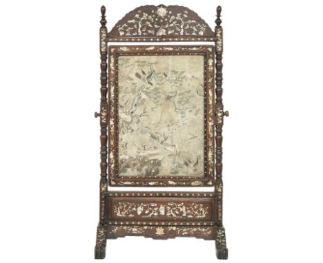 A mother-of-pearl inlaid hongmu floor screen with embroidered panel19th centuryThe arched toprail inlaid with central shou ch