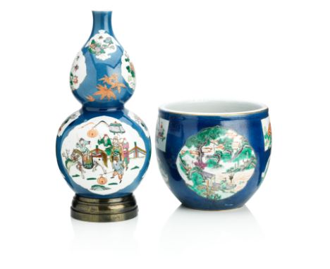 A double gourd-shaped powder-blue vase and similar jardinièreBoth 19th centuryThe vase with Kangxi four-character mark and de