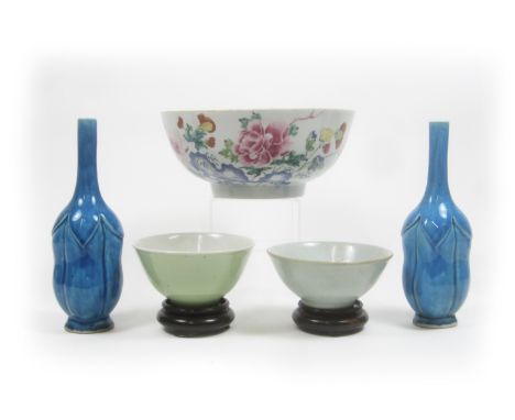 A famille rose bowl; together with a pair of turquoise-glazed vases and two celadon bowlsThe 18th century punch bowl enamelle
