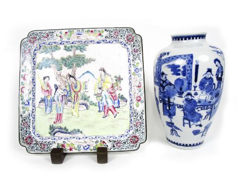 A Canton enamel square tray and a blue and white vase19th centuryThe tray with flat rim with panels of fruits and flowers on 