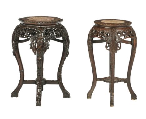 Two marble topped small jardinière stands19th centuryThe first with octagonal top inset with rouge marble within a border wit