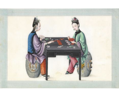 An album of pith paintings19th centuryComprising ten scenes of peasants, children, ladies and gentlemen playing various games