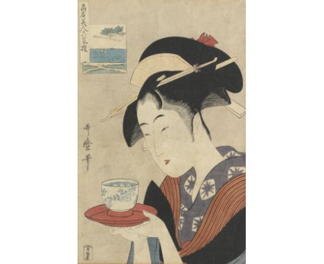 Nine framed woodblock prints19th centuryComprising; Kitagawa Utamaro (1753-1806), Nanwa ya Okita, visible image 36cm x 23.5, 