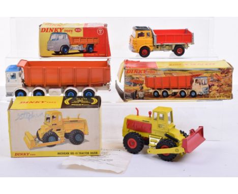 Three Boxed Dinky Toys Commercial Vehicles, 435 Bedford TK Tipper, yellow cab, black roof, silver back, red sides, red hubs, 