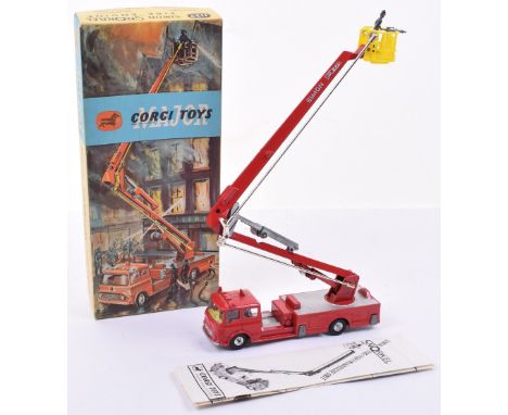 Corgi Major Toy 1127 Bedford Simon Snorkel Fire Engine, red/silver body, yellow plastic cage, plated parts, fireman figures, 